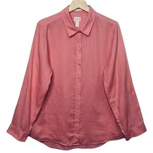 Chicos No Iron 100% Linen Roll Tab Shirt Womens Size Large 12/14 Pink
